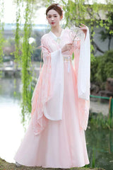 Pink V Collar High Waisted Lace-Up Women's Sweet Hanfu Dress - Product - 2