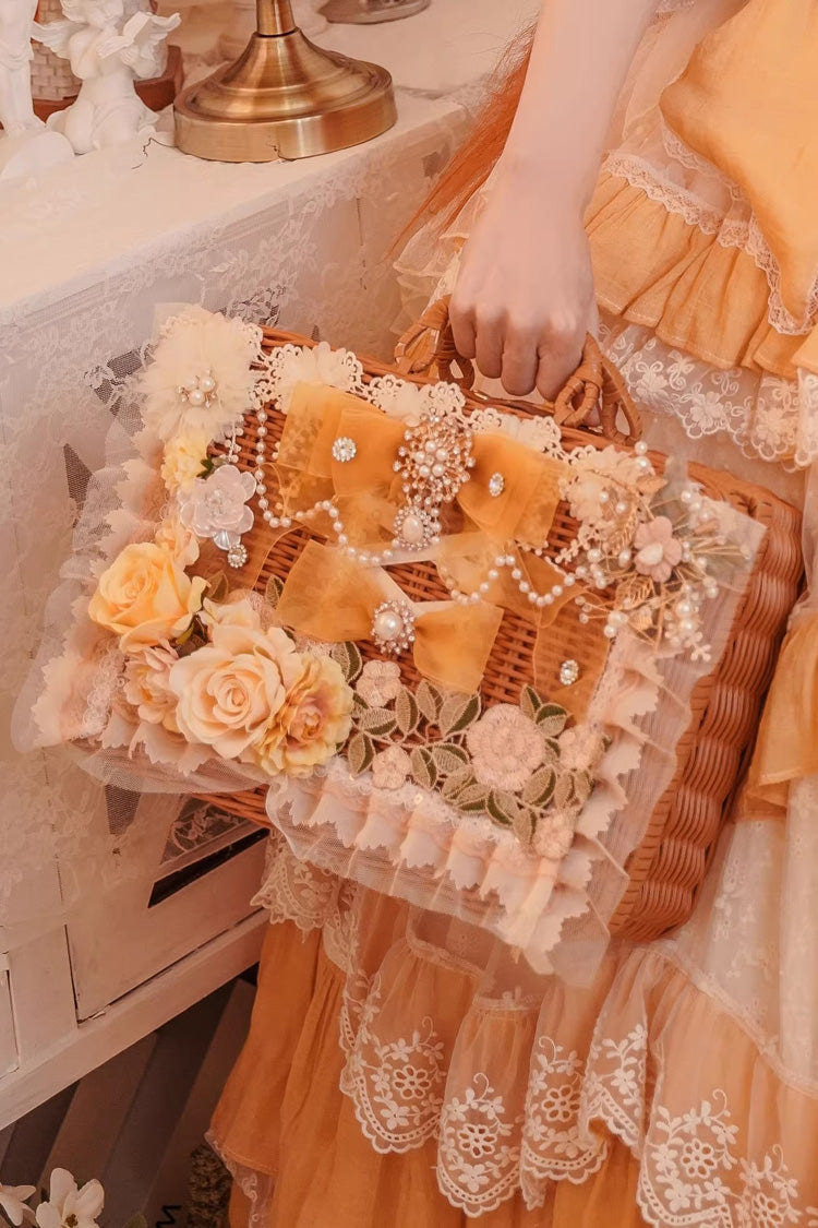 Hand Woven Rattan Flowers Bowknot Sweet Elegant Princess Lolita Tote Bag 2 Colors - Yellow/Brown - 1
