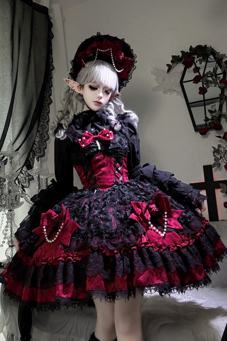Black/Red [Rose Princess] Sleeveless Ruffle Bowknot Lace Lace-Up Gothic Ballet Lolita Jsk Dress - Product - 2