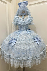 Blue Long Sleeves Hanayome Bow Lace-Up Sweet Gorgeous Lolita Dress with Train and Veil - Product - 3