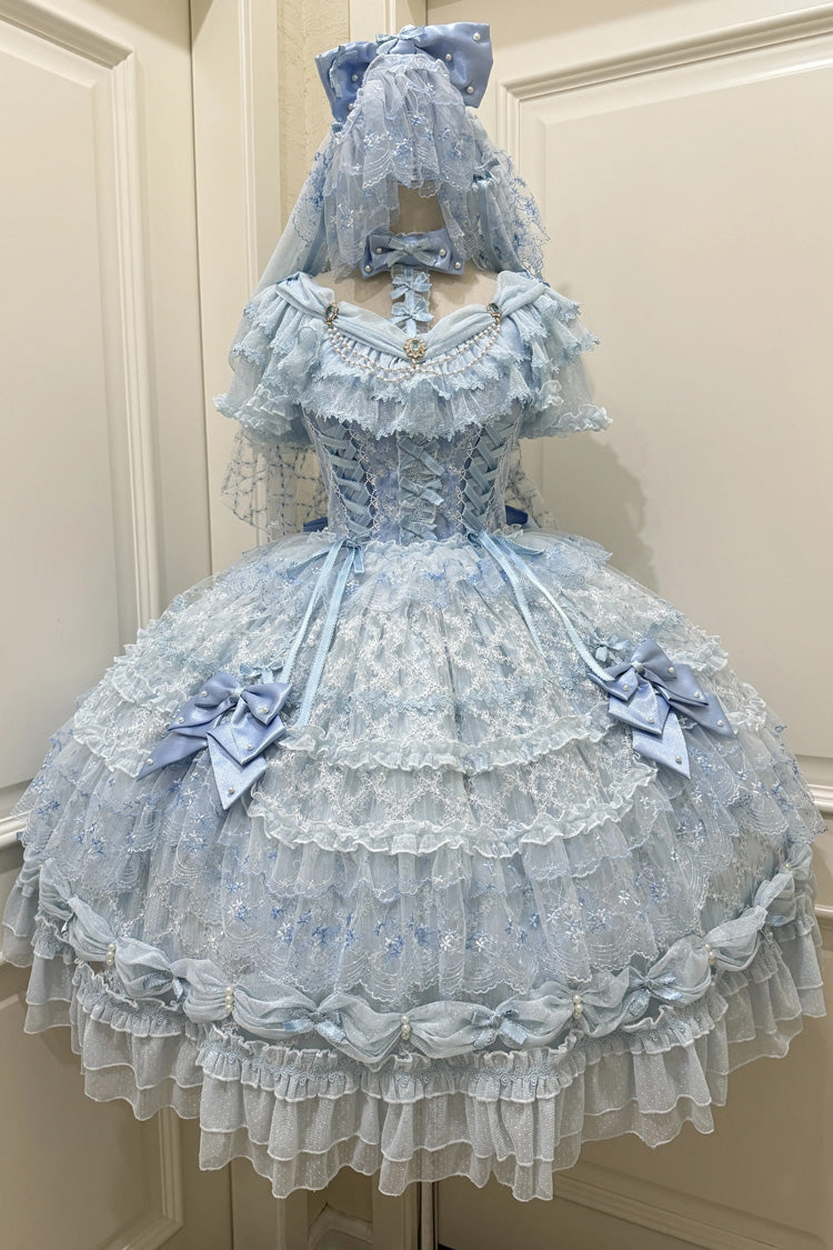 Blue Long Sleeves Hanayome Bow Lace-Up Sweet Gorgeous Lolita Dress with Train and Veil - Product - 3