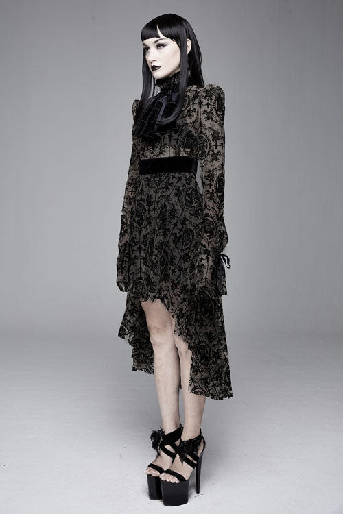 Black Floral Flocking Printed Long Sleeves Velvet With Tie Womens Gothic Dress - Product - 3