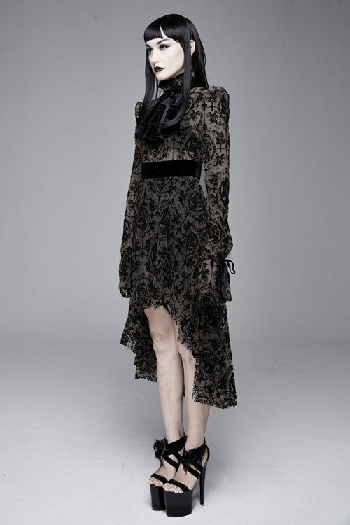 Black Floral Flocking Printed Long Sleeves Velvet With Tie Womens Gothic Dress - Product - 3