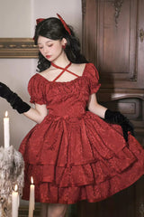 Red Thorn Rose Short Sleeves Multi-layer Ruffle Bowknot Gothic Princess Lolita Dress - Product - 5