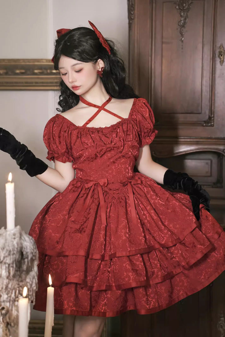Red Thorn Rose Short Sleeves Multi-layer Ruffle Bowknot Gothic Princess Lolita Dress - Product - 5