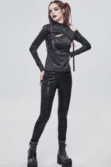 Black Punk Stretch Knitted Fabric Chest Cutout Design Buckle Strap Decoration Long Sleeve Women's Shirt - Product - 5