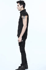 Black Sleeveless Twill One-Shoulder Armor Heat Seal Men's Punk Shirt - Product - 7