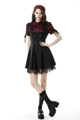Wine Red Point Collar Short Puff Sleeves Ruffled Women's Gothic Elegant Blouse - Product - 11