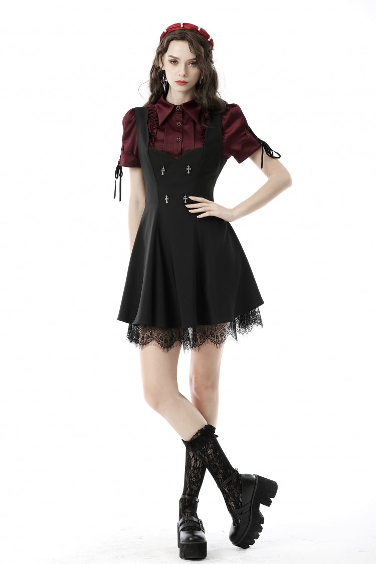 Wine Red Point Collar Short Puff Sleeves Ruffled Women's Gothic Elegant Blouse - Product - 11