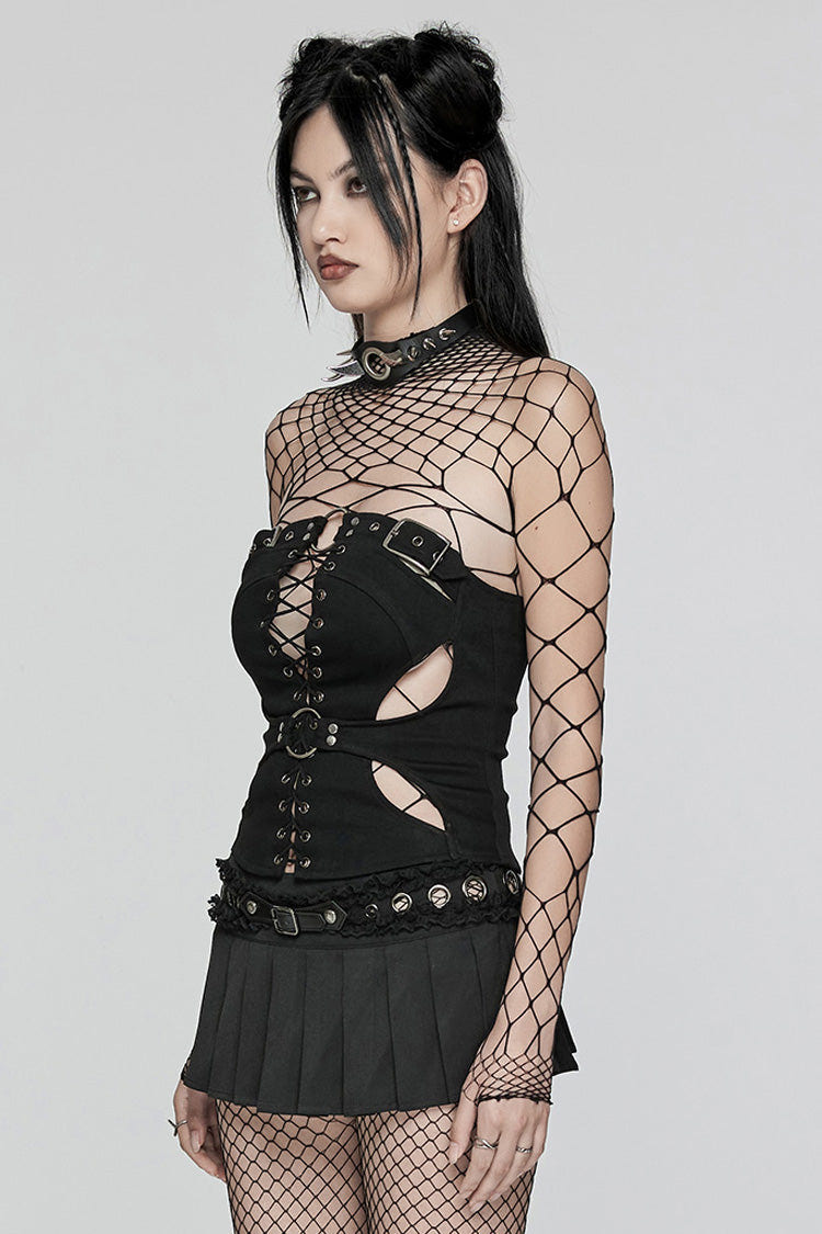 Black Hollow Lace-Up Ripped Buckle Women's Punk Tube Top - Product - 2