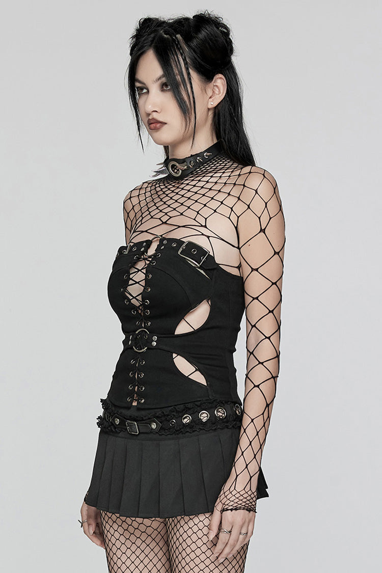 Black Hollow Lace-Up Ripped Buckle Women's Punk Tube Top - Product - 2