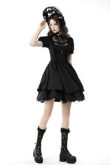 Black Tulle Lace Stand Collar Short Puff Sleeves Women's Lolita Gothic Doll Dress - Product - 7