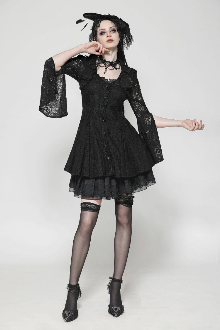 Black Long Trumpet Sleeves Embroidered Lace Lace-Up Women's Gothic Honeymoon Dress - Product - 9