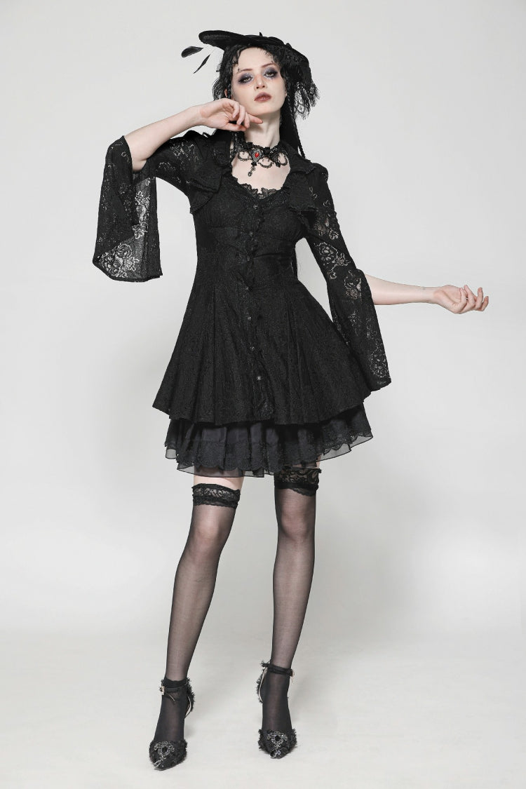 Black Long Trumpet Sleeves Embroidered Lace Lace-Up Women's Gothic Honeymoon Dress - Product - 9
