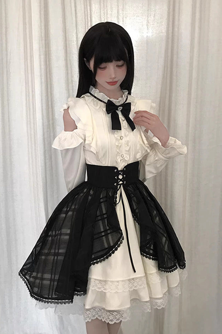 Black/Beige [Dark Chocolate Champagne] Stand Collar Off Shoulder Long Sleeves Double-Layered Ruffled Sweet Japanese Lolita Dress - Product - 5