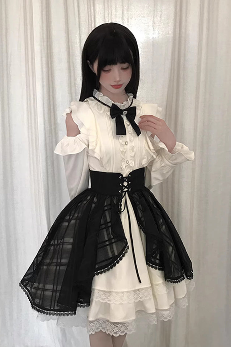 Black/Beige [Dark Chocolate Champagne] Stand Collar Off Shoulder Long Sleeves Double-Layered Ruffled Sweet Japanese Lolita Dress - Product - 5