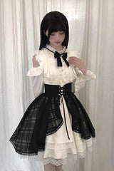 Black/Beige [Dark Chocolate Champagne] Stand Collar Off Shoulder Long Sleeves Double-Layered Ruffled Sweet Japanese Lolita Dress - Product - 5