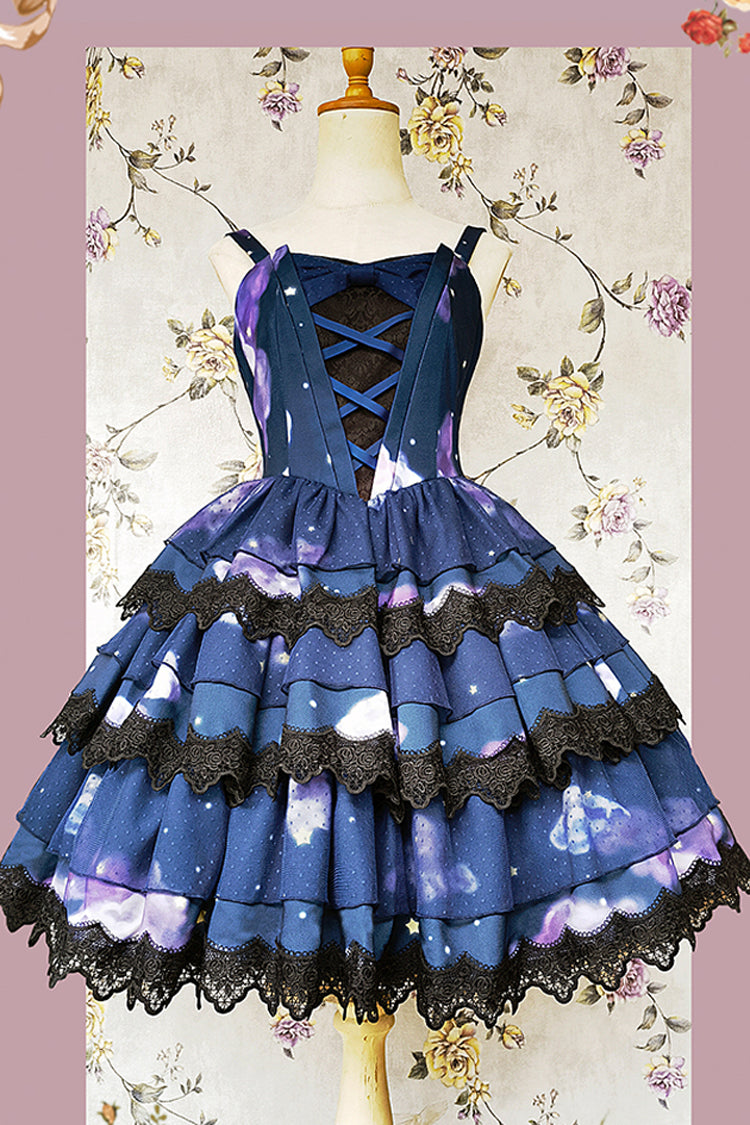 Blue Triple-Layered Clouds Print Ruffle Stitching Lace Sweet Lolita Dress - Dark Blue - 6