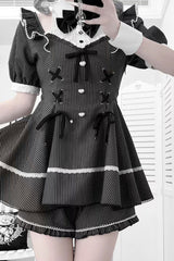 Black [Roman Strings] Short Sleeves Striped Print Bowknot Lace-Up Gothic Jirai Kei Plus Size Dress - Product - 3