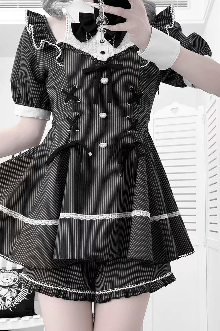 Black [Roman Strings] Short Sleeves Striped Print Bowknot Lace-Up Gothic Jirai Kei Plus Size Dress - Product - 3