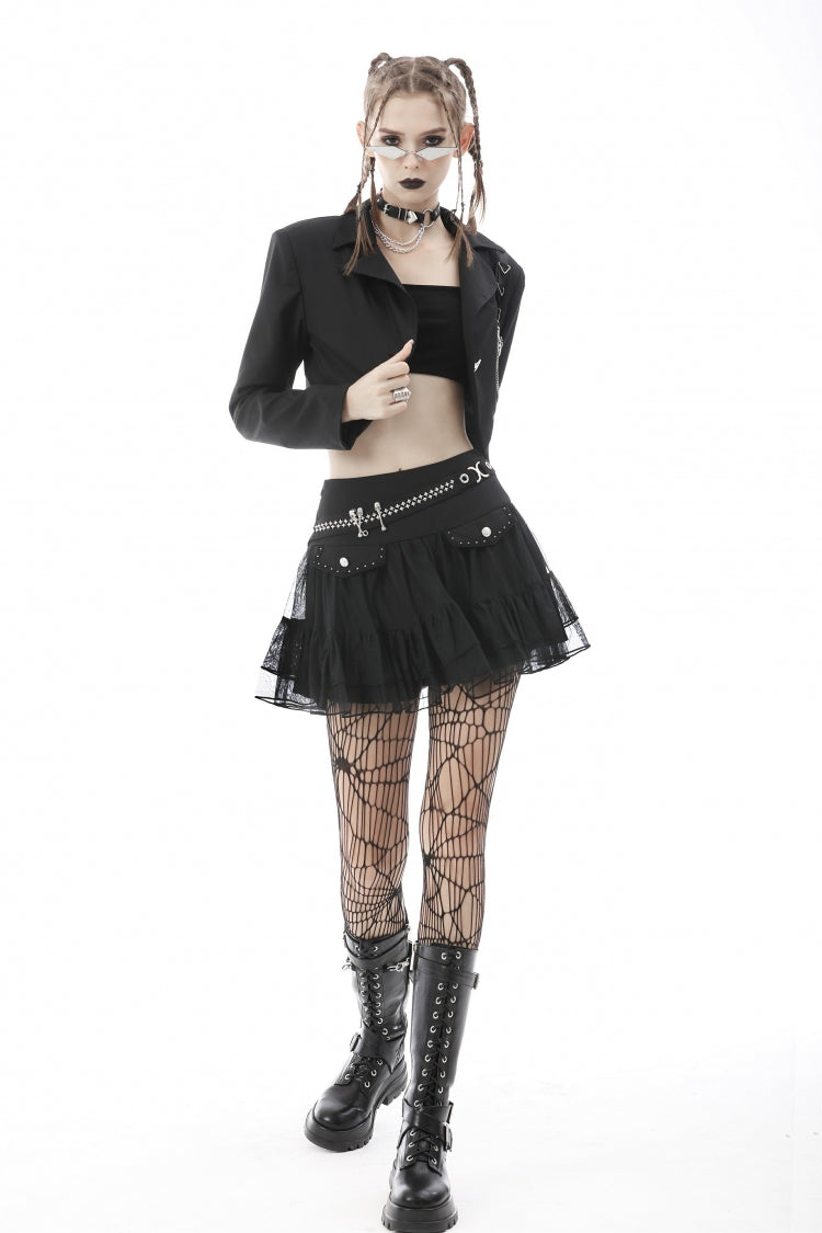 Black Lapel Collar Long Sleeves Chain-Decorated Women's Punk Irregular Short Jacket - Product - 10