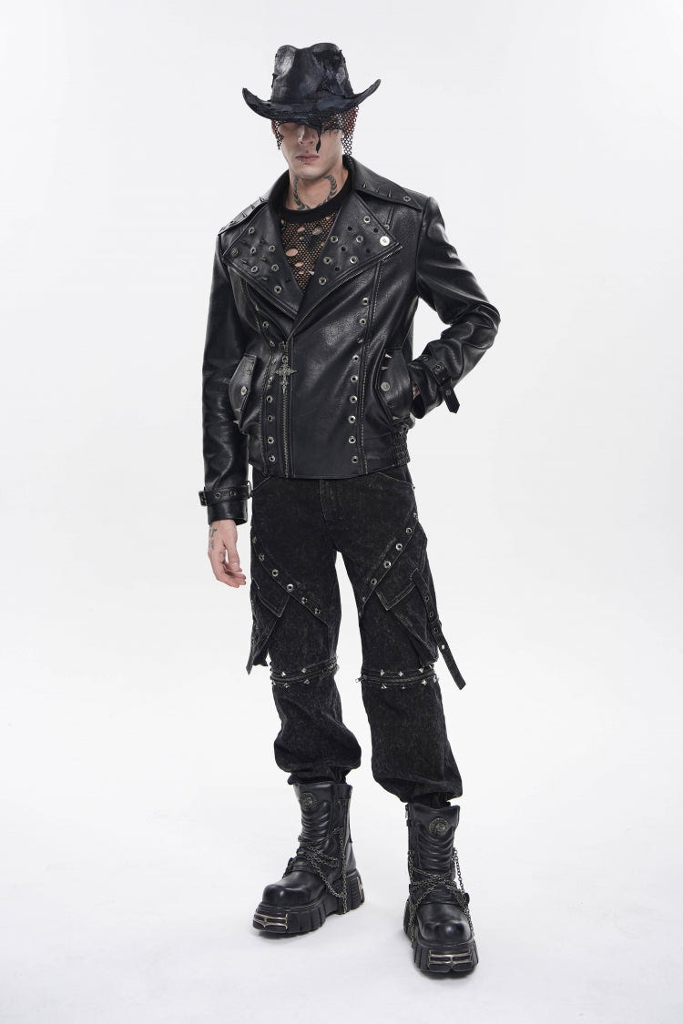 Black Lapel Collar Long Sleeves Studded Buckled Zippered Eyelet Women's Punk Jacket - Product - 7