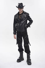 Black Lapel Collar Long Sleeves Studded Buckled Zippered Eyelet Women's Punk Jacket - Product - 7