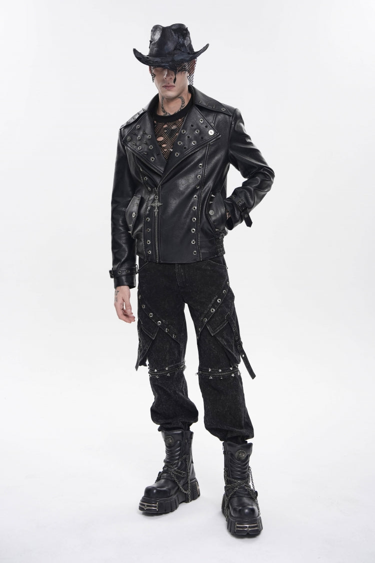 Black Lapel Collar Long Sleeves Studded Buckled Zippered Eyelet Women's Punk Jacket - Product - 7