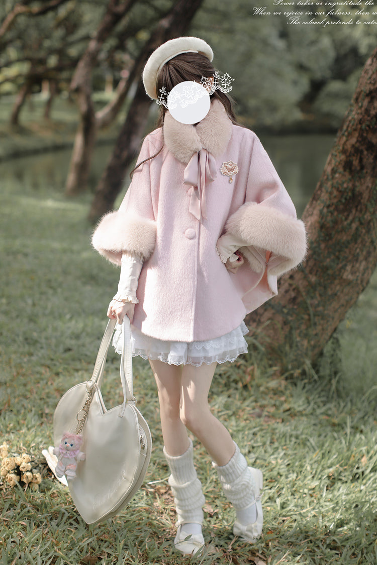 Pink Long Sleeves Lace Sweet Japanese Lolita Fluffy Cloak Coat - Product - 3