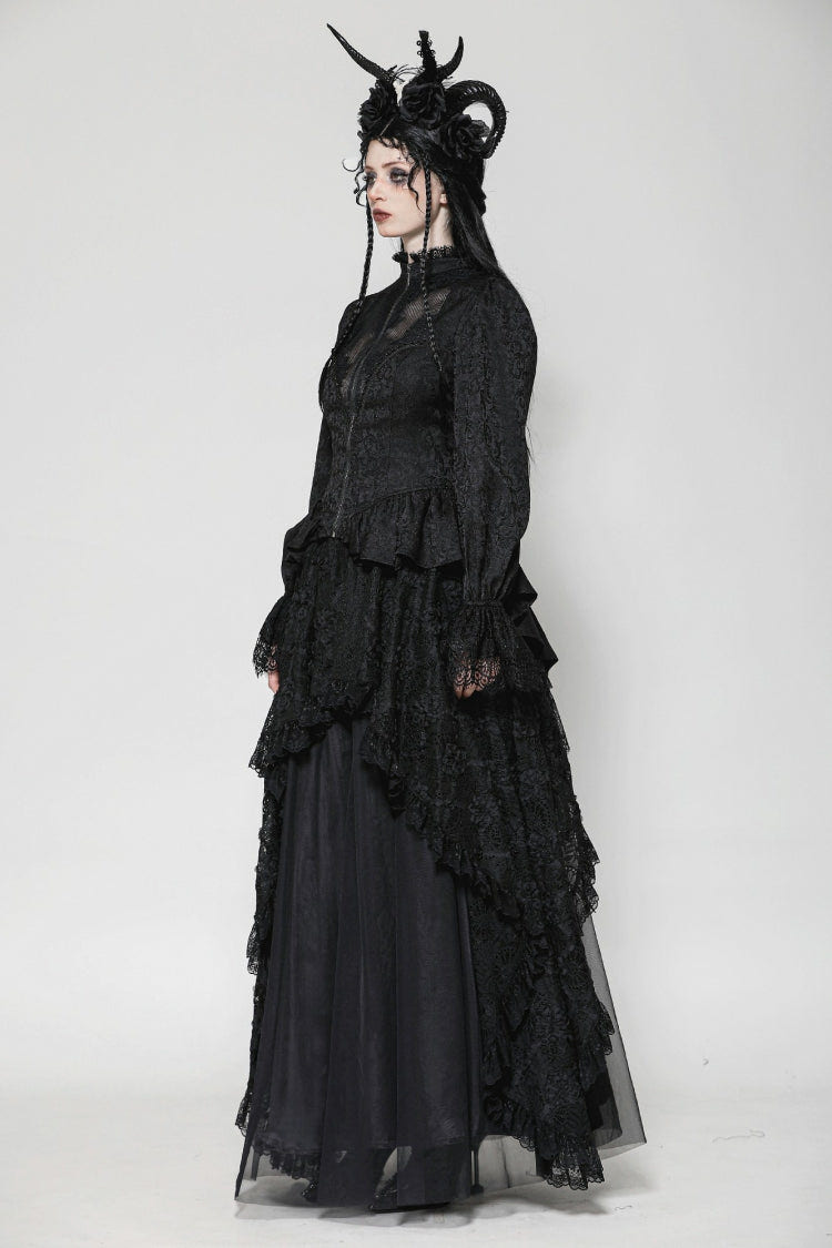 Black Stand Collar Long Trumpet Sleeves Lace Sheer Lace-Up Women's Gothic High Low Tail Coat - Product - 4