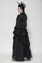 Black Stand Collar Long Trumpet Sleeves Lace Sheer Lace-Up Women's Gothic High Low Tail Coat - Product - 4