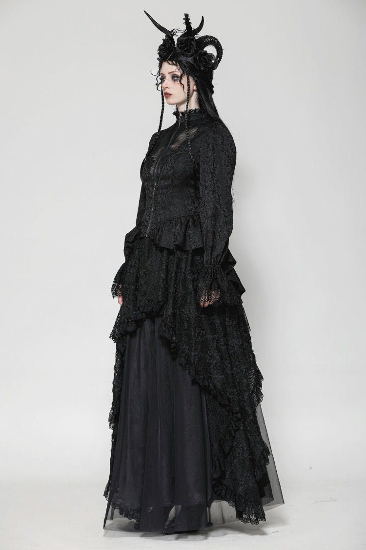 Black Stand Collar Long Trumpet Sleeves Lace Sheer Lace-Up Women's Gothic High Low Tail Coat - Product - 4