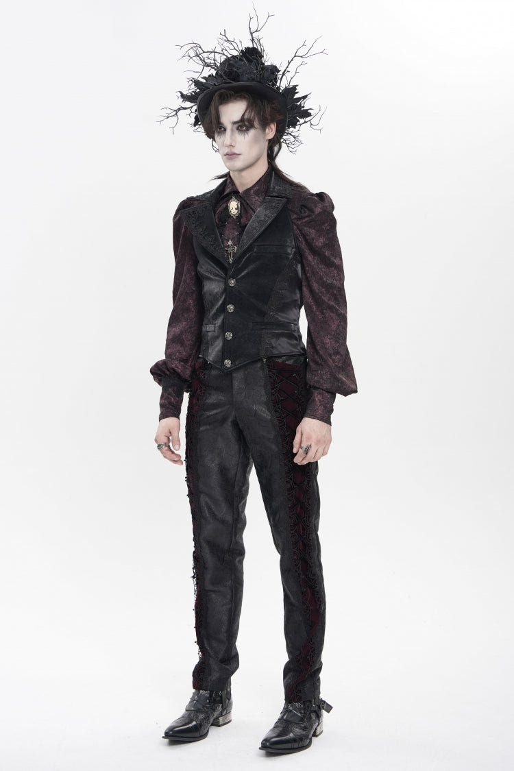Black Lapel Collar Jacquard Lace Slim Men's Gothic Vest - Product - 2