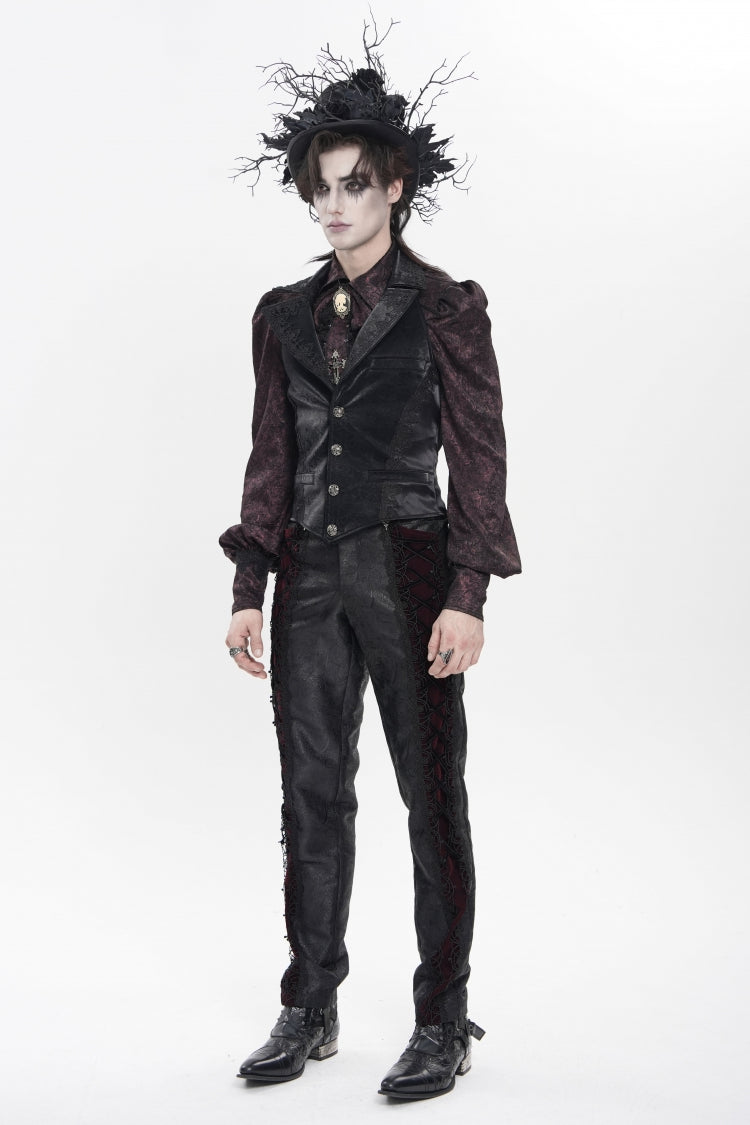 Black Lapel Collar Jacquard Lace Slim Men's Gothic Vest - Product - 2