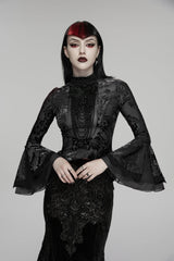 Black Stand Collar Long Trumpet Sleeves Jacquard Printed Lace Lace-Up Slim Pearl-Decorated Women's Gothic Palace Blouse - Black - 1