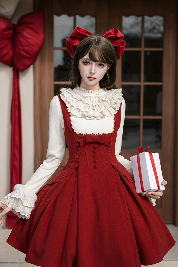 レッド [Letters and Poems · Velvet Rose] ノースリーブ 刺繍 リボン ボーン入り クラシカル エレガント ロリータ Bandeau ワンピース 2 タイプ 商品画像