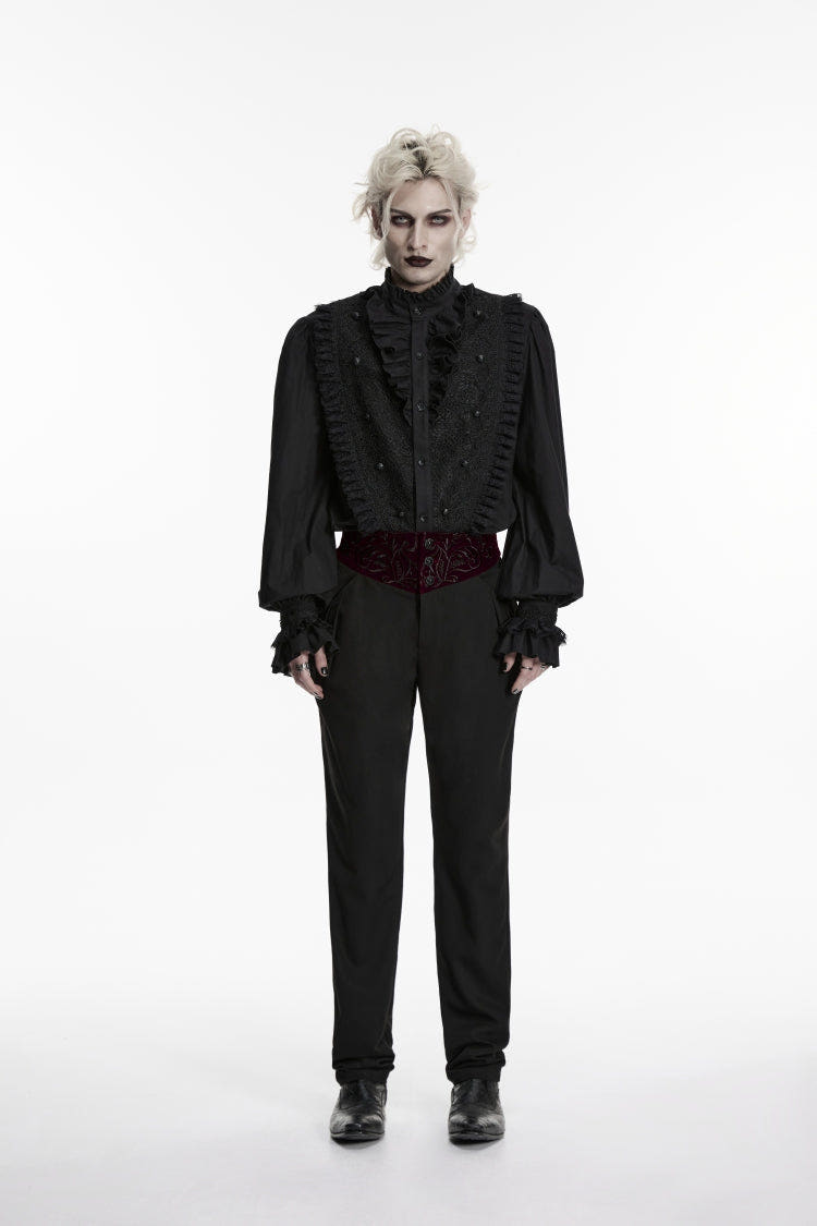 Black Embroidered Spliced Slim Men's Gothic Pants - Black - 1