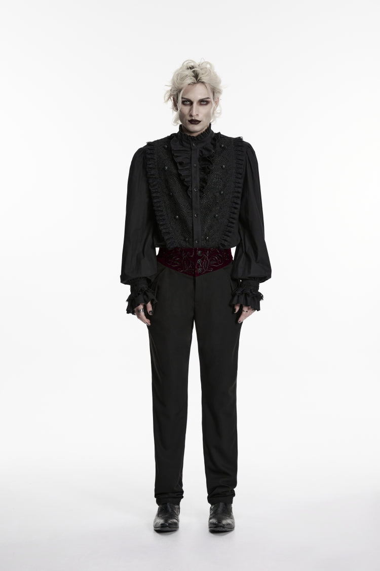 Black Embroidered Spliced Slim Men's Gothic Pants - Black - 1