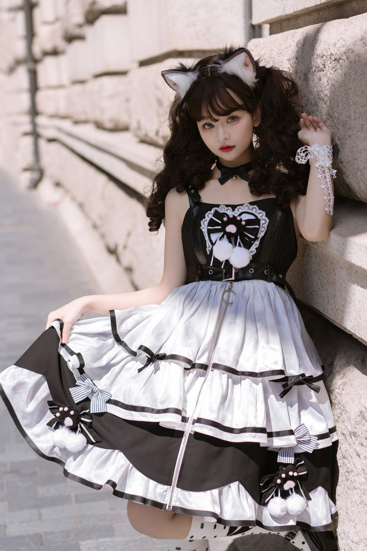 Black/White [Cat Fist] Triple-Layered Ruffle Bowknot Sweet Lolita Jsk Dress - Product - 4