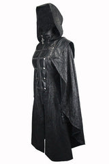 Black Punk Hooded One Side Shawl Gothic Pattern Womens Leather Long Coat - Product - 6