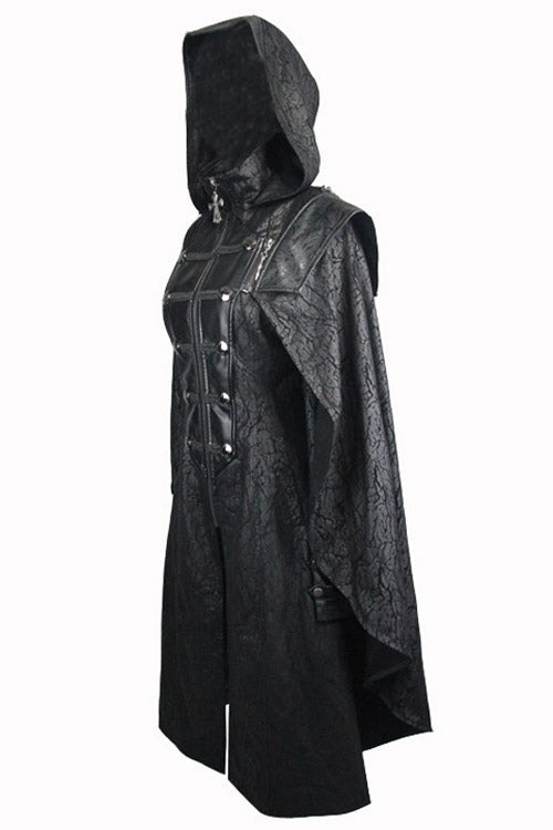 Black Punk Hooded One Side Shawl Gothic Pattern Womens Leather Long Coat - Product - 6