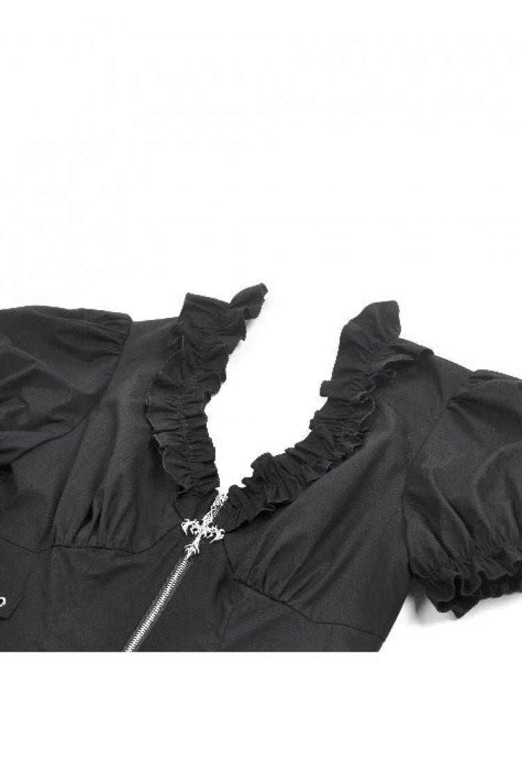 Black Women's Punk Ruffled V Collar Short Puff Sleeves Buckled Waist Zippered Crop Top - Product - 11