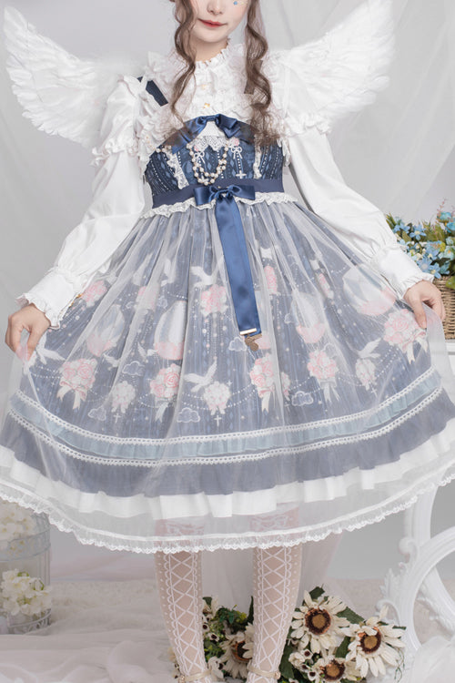 Blue Chiffon Flower Wedding Wearing Veil Princess Sweet Lolita JSK Dress - Blue - 1