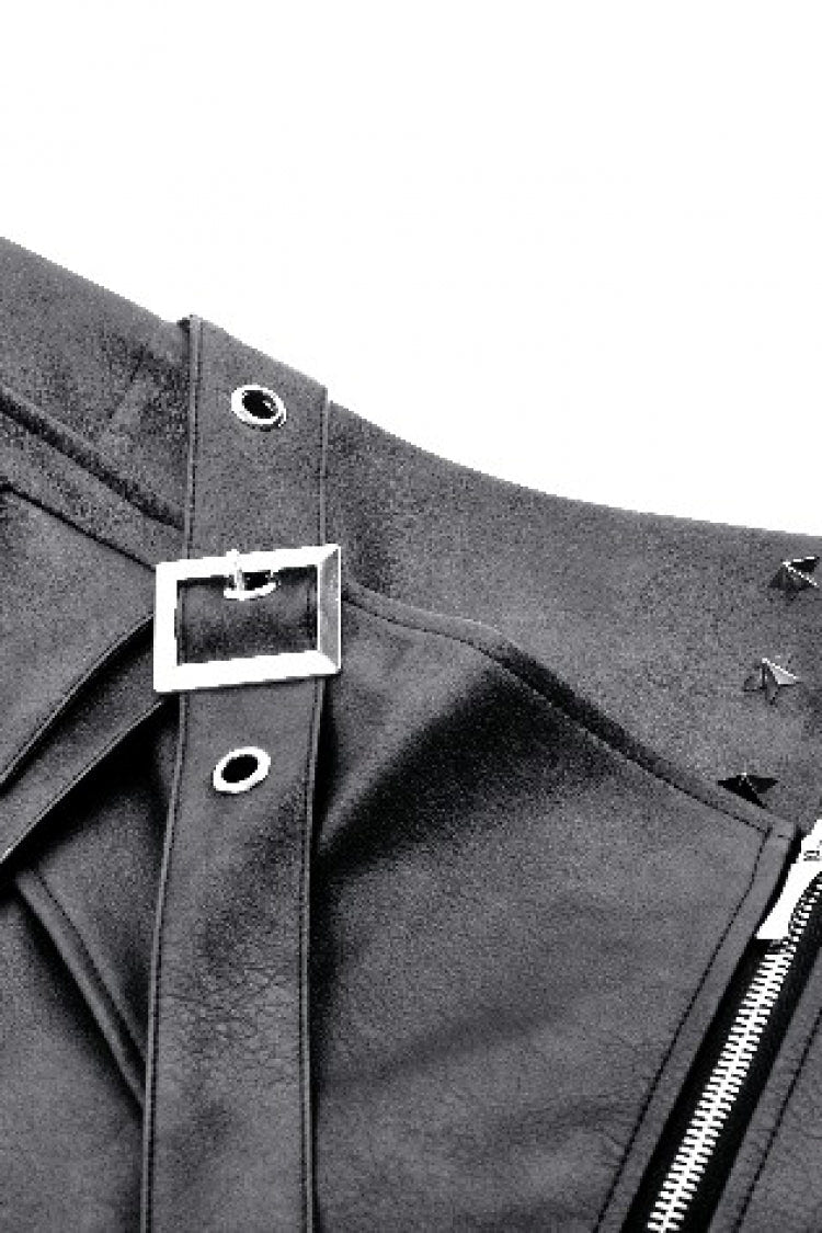 Black Faux Leather Straps Zippered Women's Punk Short Skirt - Product - 14