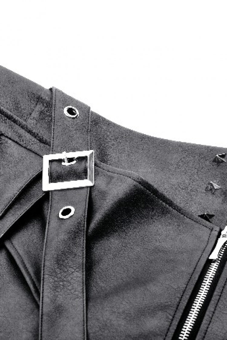 Black Faux Leather Straps Zippered Women's Punk Short Skirt - Product - 14