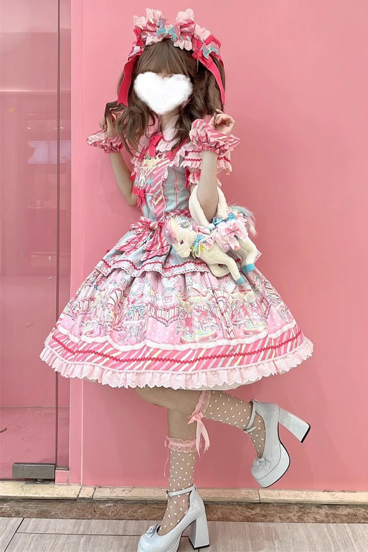 Blue/Pink Candy Park Print Ruffle Bowknot Sweet Lolita Jsk Dress - image 2