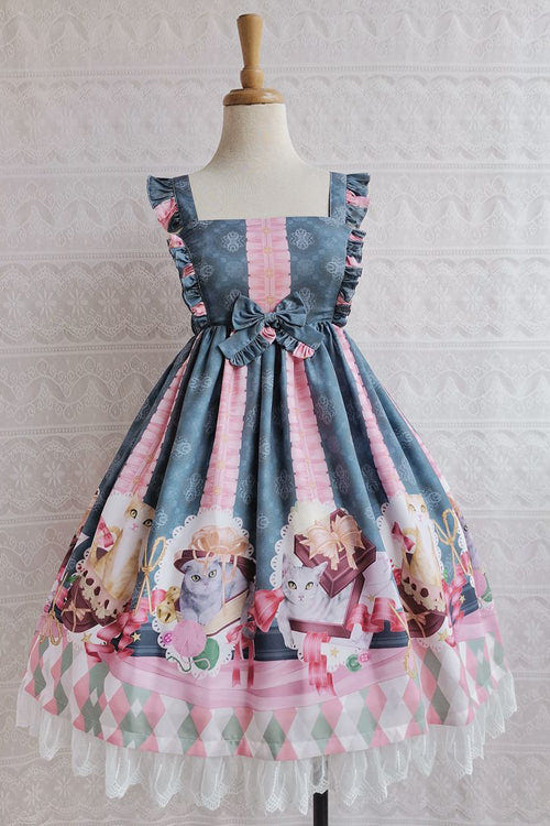 Chocolate Cat Print Ruffled High Waisted Sweet Lolita JSK Dress - Green - 5