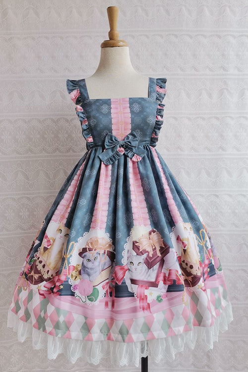 Chocolate Cat Print Ruffled High Waisted Sweet Lolita JSK Dress - Green - 5
