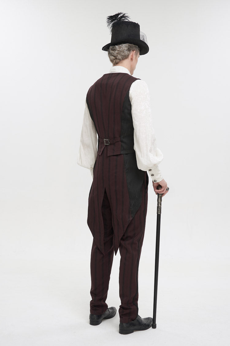 Red Retro Micro-Elastic Thick Stripe Stitching Three-Dimensional Texture Detachable Men's Punk Swallowtail Vest - Product - 4