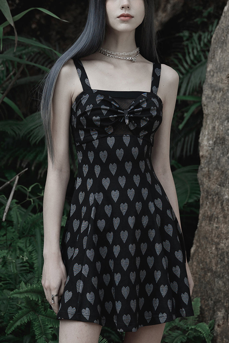Black/Grey Heart Print Pattern Suspender Hollow Mesh Metal PU Buckle Bow Design Sleeveless Women's Punk Dress - Black/Grey - 1